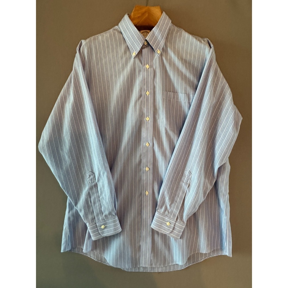 Brooks Brothers Slim Fit Non-Iron Dress Shirt 17.5-35 Blue Red Stripe All Cotton